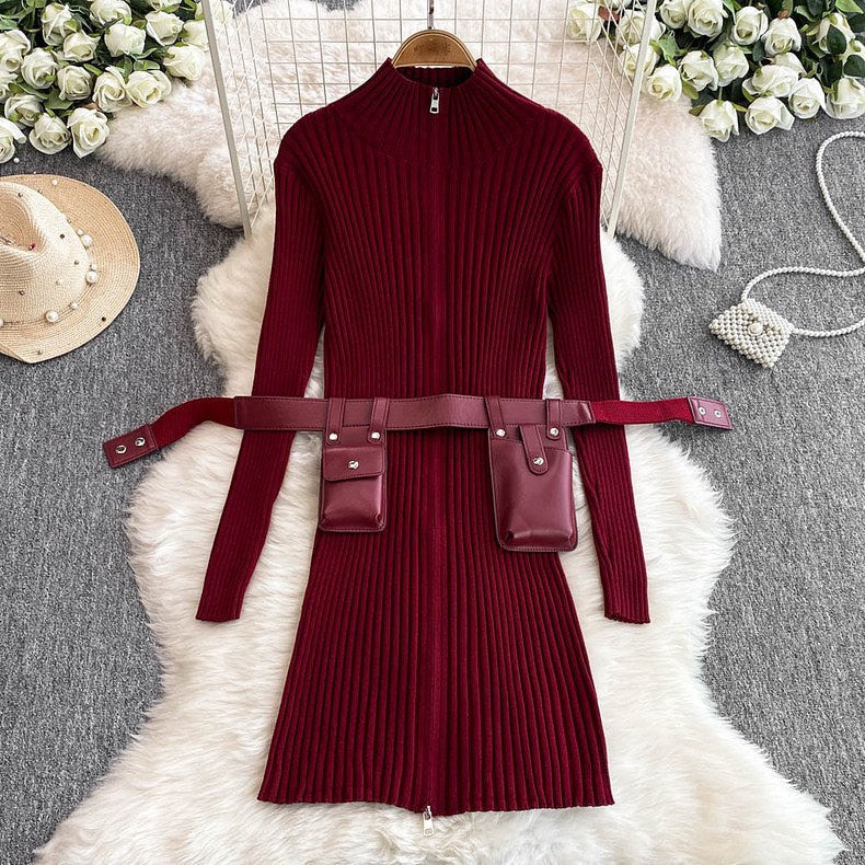 Rye pocket belted zipper dress