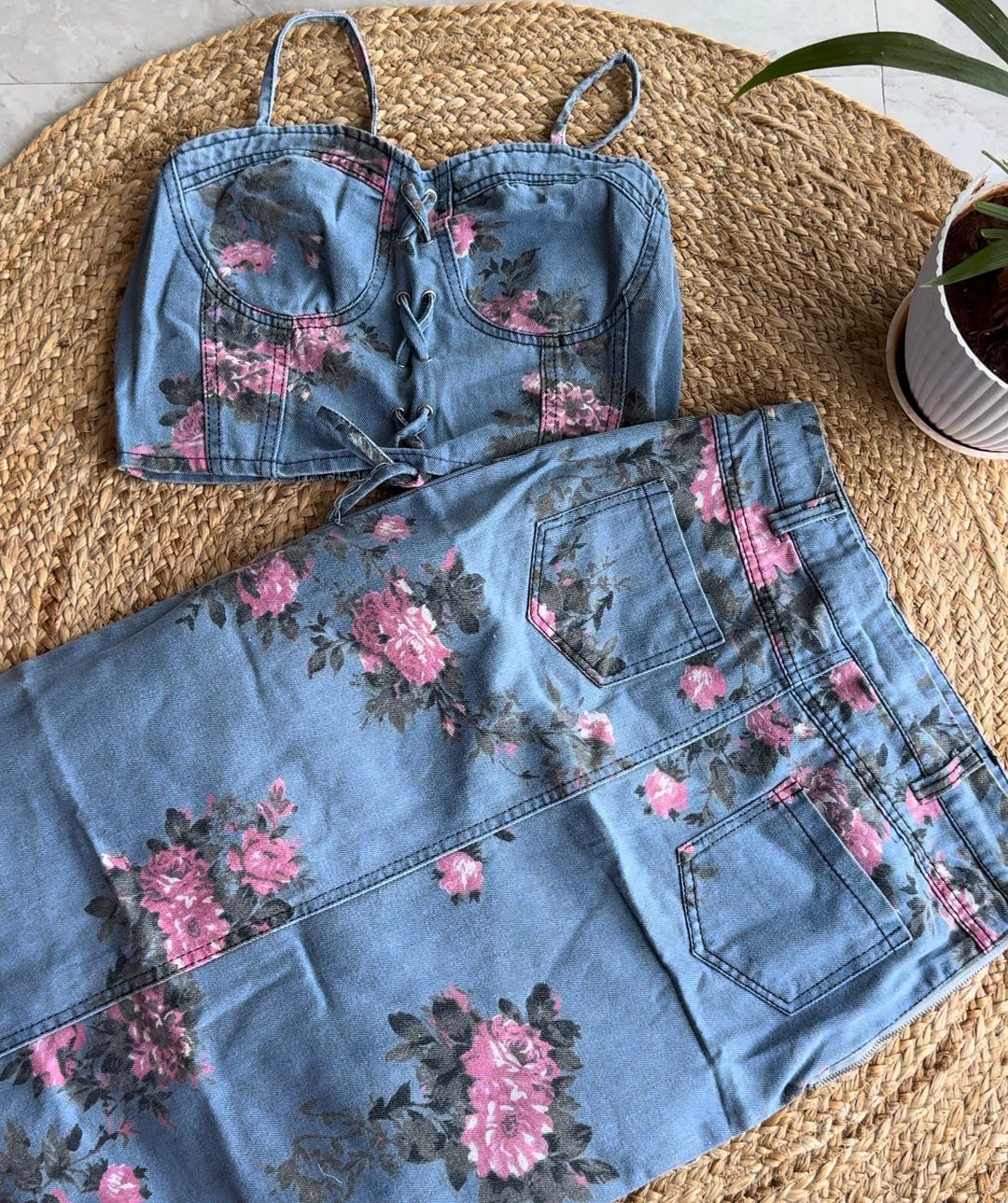 Kelly  floral denim coord set